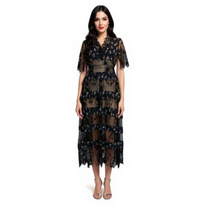 Foxiedox Sweetwater Black Pink Floral Lace Striped Midi Dress - Small